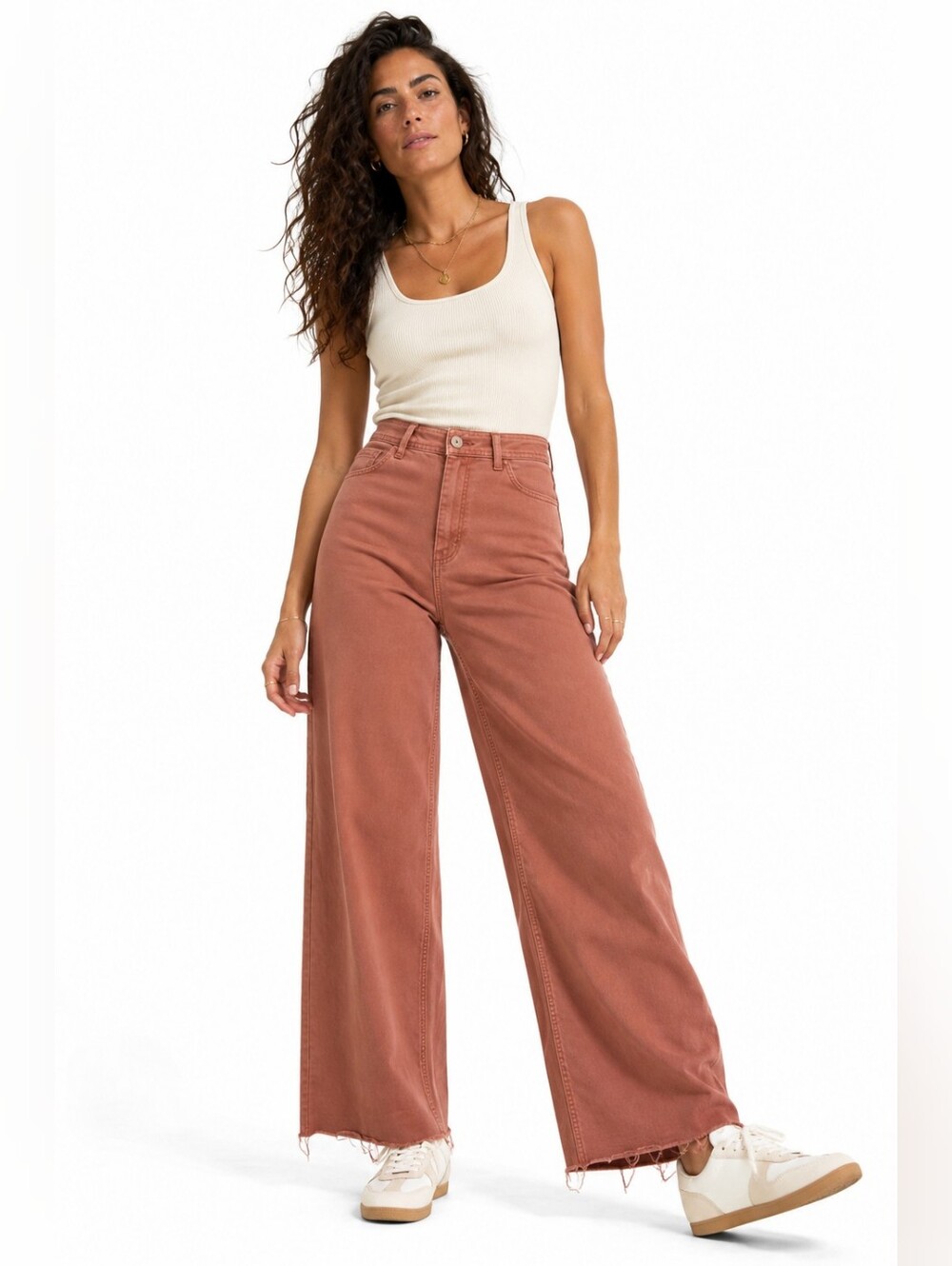 OAT New York Terracotta High Rise Wide Leg Raw Hem Jeans 8/29